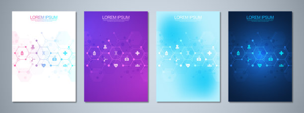 套模板小册子或封面书，页面布局，传单设计。理念与理念为医疗事业，创新医药、制药、科技。医疗背景与平面图标和符号。图片下载