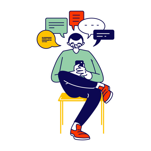 年轻人或青少年在智能手机屏幕上看手机在互联网上写消息。小玩意上瘾，坏习惯，手机通讯概念。线性向量插图图片下载