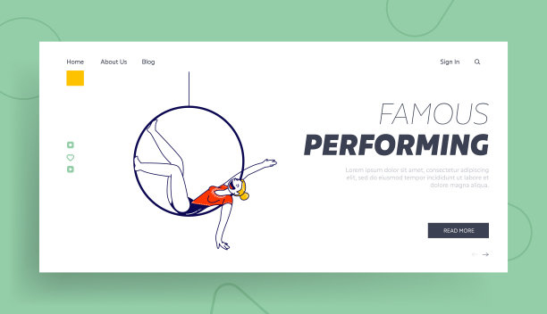 女孩体操表演在马戏团舞台或体育比赛登陆页模板。杂技女人物坐悬环杂技表演，表演。线性向量插图图片下载