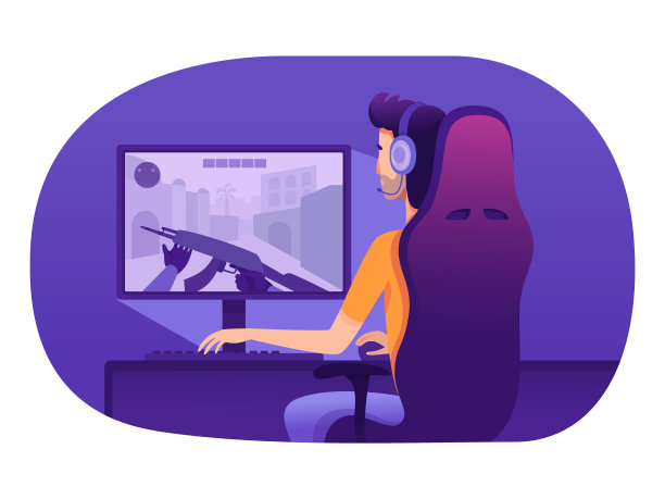 戴着耳机的男人在电脑前玩电子游戏图片下载