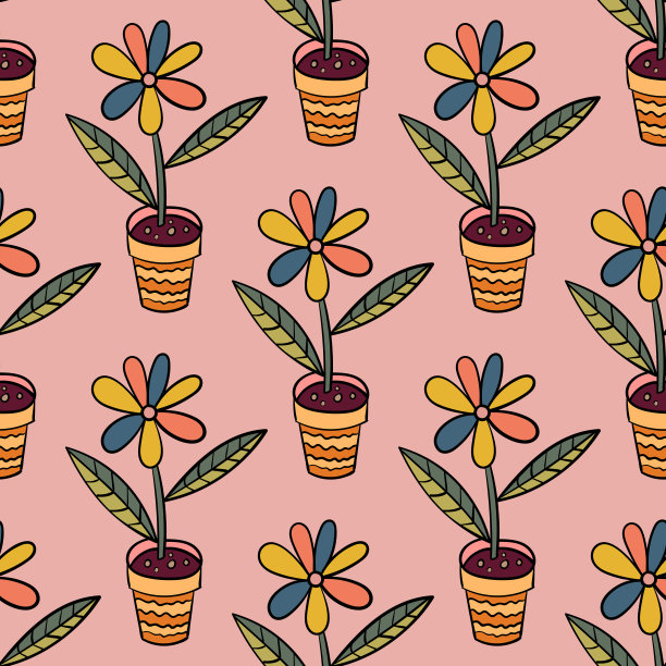 抽象的彩色涂鸦花与叶子在花盆无缝图案。花的背景。矢量插图。图片下载