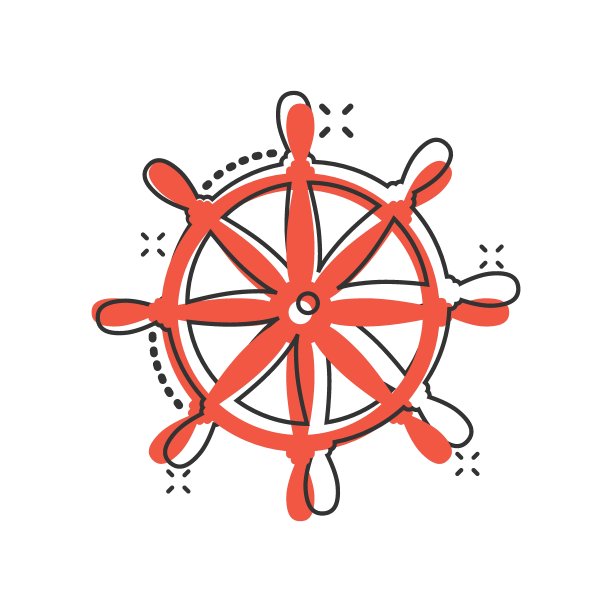 舵轮图标在漫画风格。导航引导卡通矢量插图在白色孤立的背景。船驱飞溅效应经营理念。图片下载