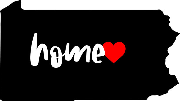 宾夕法尼亚州家乡州-黑色州地图与家写在白色的脚本文本与一个红色的心。在白色背景上隔离图片下载