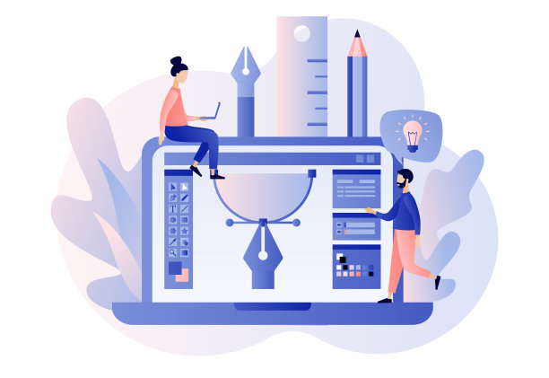 图形设计工作室。微型设计师，插图画家或矢量艺术家绘图与钢笔在图形编辑器。团队合作。设计师的工具。现代平面卡通风格。矢量插图上的白色背景图片下载