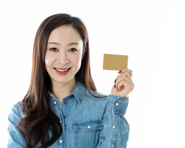 白色背景下拿着信用卡的女人图片下载