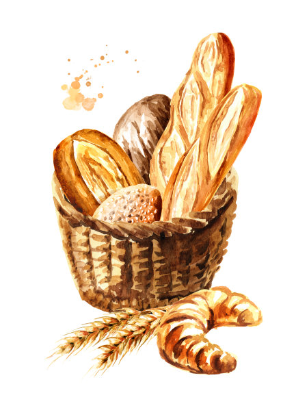 新鲜的面包在篮子里，手绘水彩，插图孤立的白色背景素材图片