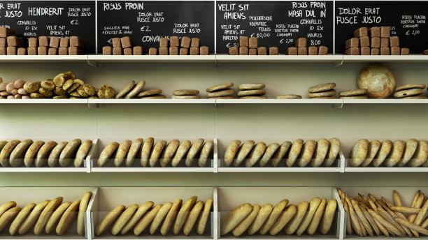 货架上的面包在超市不同类型的糕点货架上3d渲染图像图片下载