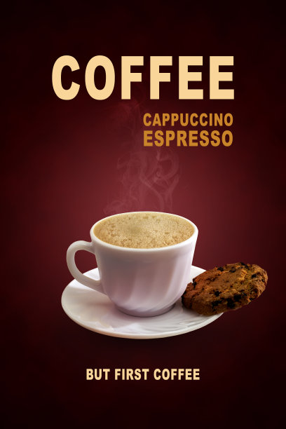 杯黑咖啡和饼干碟上的红色背景图片下载