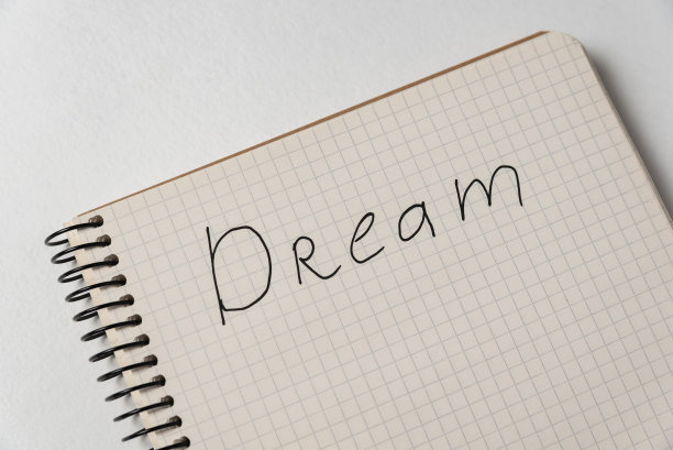 白色背景上写着“梦想”的记事本。愿望清单的愿望和计划。陈腐的关闭图片下载
