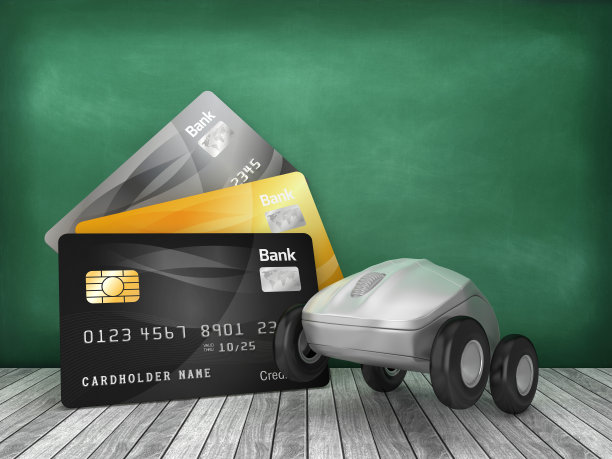 信用卡与电脑鼠标在黑板上- 3D渲染图片下载