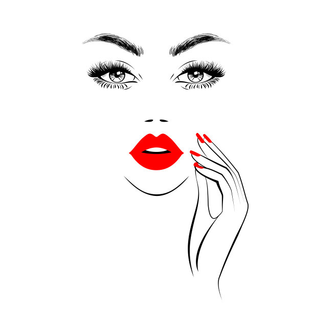 美丽的女人的脸与红色的嘴唇，茂盛的睫毛，一只眼睛睁开一闭，手与红色的指甲。Spa沙龙。美丽的标志。矢量图图片下载
