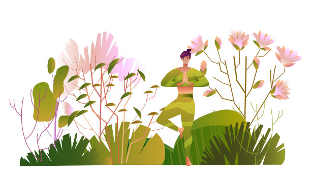 瑜伽概念与女性的体位，绿色的灌木，开花的树木。图片下载
