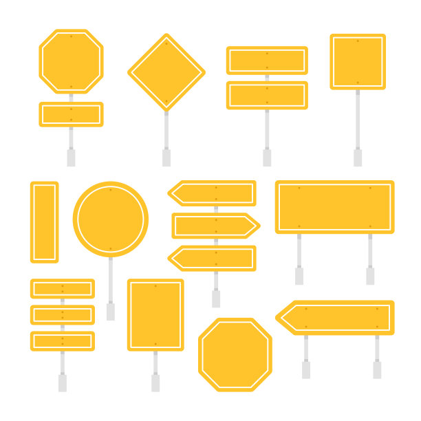 黄色路标设置。路牌，张贴，空白交通标志。招牌、面板和指示牌。现代平面设计元素。平的风格。矢量图图片下载
