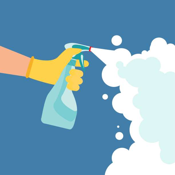 冠状病毒防护，戴手套的人拿着一瓶抗菌喷雾。向量图片下载
