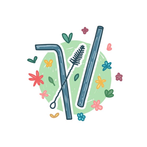 可重复使用的不锈钢吸管卡通涂鸦风格的图标。零浪费生活理念。手绘设计与自然有机花卉装饰。没有塑料的风格。向量图片下载