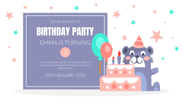 儿童生日派对邀请卡模板与可爱的熊动物和空间的文本矢量插图图片下载