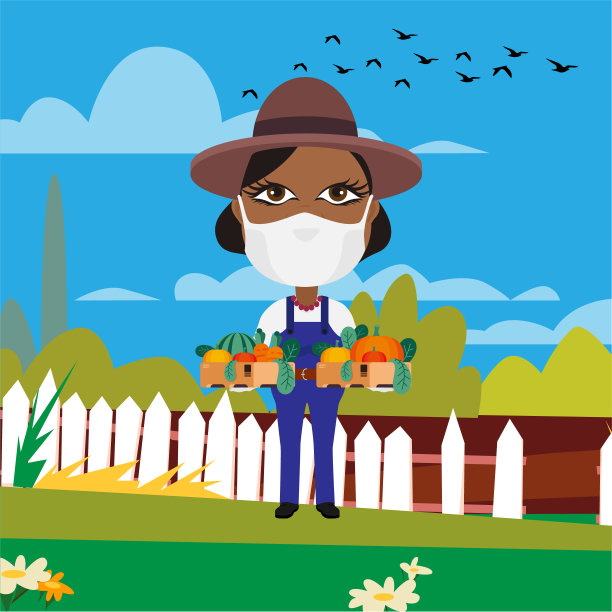 非洲黑人黑皮肤女农民拿着蔬菜，戴着白手套和卫生口罩在他的农场上保护病毒流行病图片下载