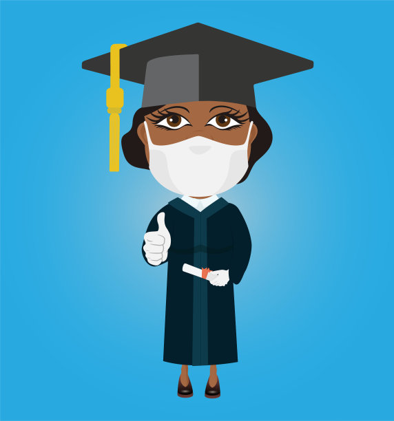 黑黑皮肤的非洲裔女毕业生戴着面具白手套拇指向上戴着帽子文凭在他的手里图片下载