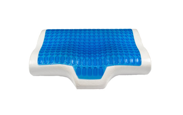 矫形乳胶枕具有记忆泡沫效果，水凝胶层，冷却效果。在白色的背景下，在颈部有一个凹槽的头部下睡觉用的医疗枕头。图片下载