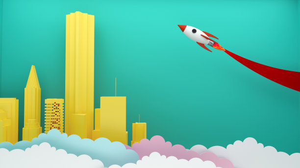 业务概念说明。火箭飞过云层。创业要有目标。3 d rendring。创业平面3d等距风格的技术商业steam工作的飞船发射启动和大字。图片下载