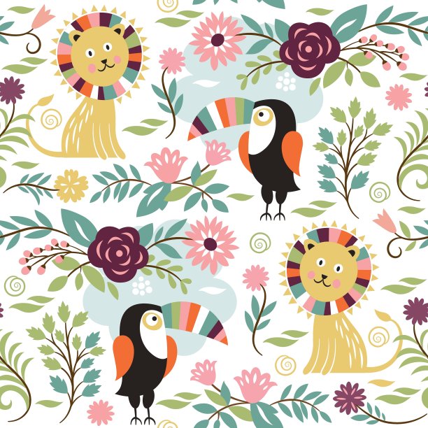 无缝图案与狮子和异国情调的鸟类图片下载