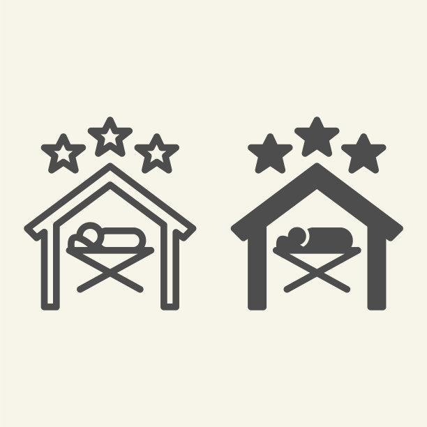 圣诞场景线和固体图标。基督诞生圣夜轮廓式象形文字在白色背景上。婴儿耶稣躺在马槽下的星星为移动概念和网页设计。矢量图形。图片下载