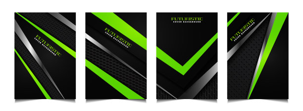 套未来主义抽象几何封面设计背景与黑色，绿色，银色金属技术风格。向量布局模板图片下载