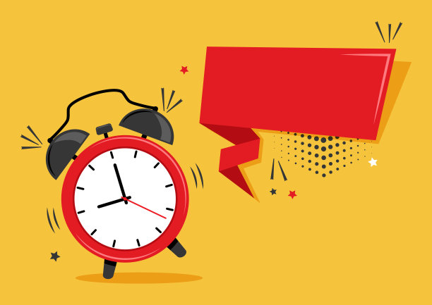 卡通闹钟和橙色背景的彩带横幅。为文本留出空间。向量图片下载