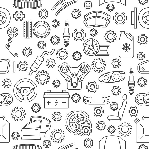 无缝的汽车服务模式与直线图标。白色背景上的灰色汽车部件图标。图片下载