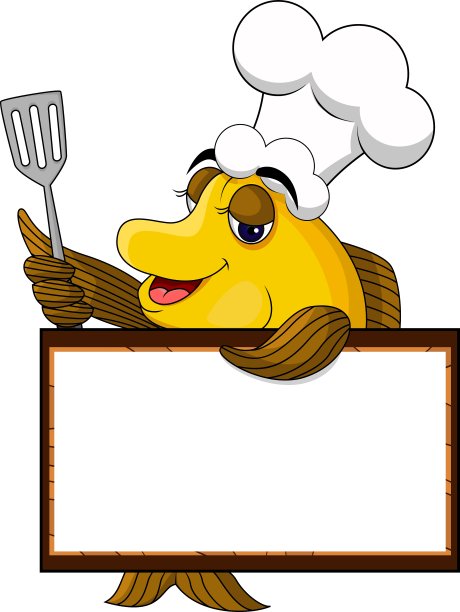有趣的黄色卡通厨师鱼与空白标志图片下载