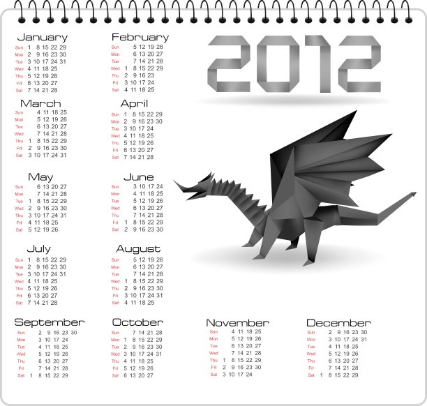 2012年日历用黑色折纸龙图片下载