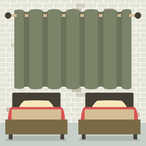 两张单人床在幕墙和砖墙前图片下载