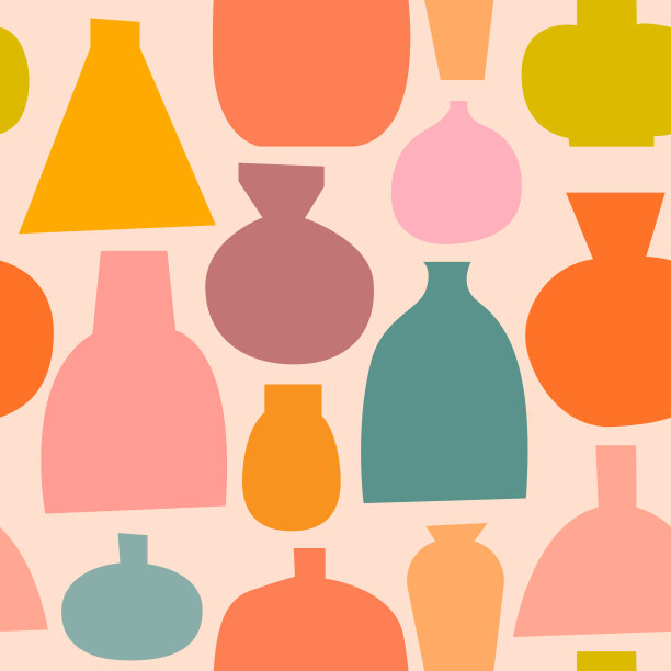 无缝模式与手绘矢量抽象花瓶。暖色的平面形状。收集陶瓷花瓶。用于织物、纺织品、装饰、包装纸、包装。图片下载