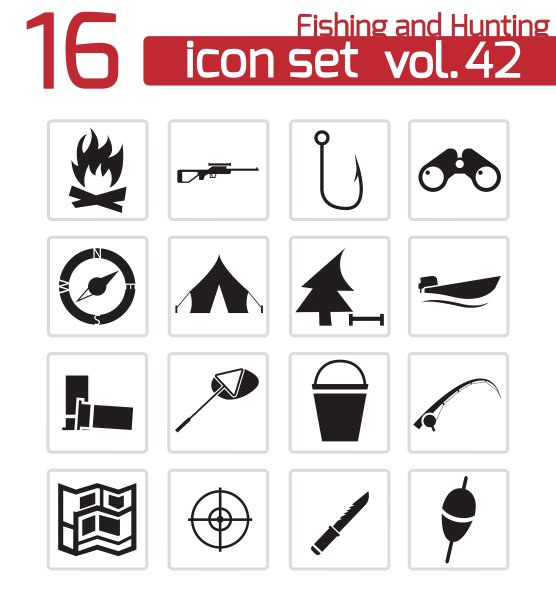 黑色钓鱼和狩猎图标集图片下载