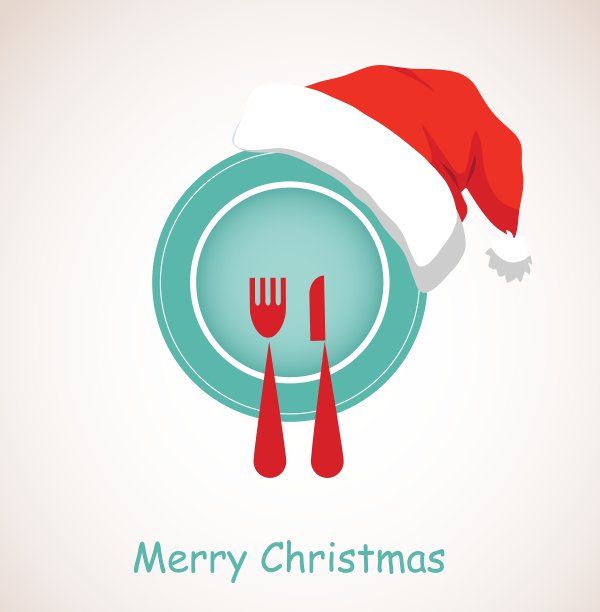 圣诞晚餐盘子上戴着圣诞红帽子图片下载