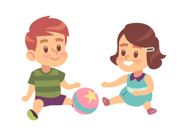 男孩和女孩在一起玩。可爱的小朋友用球孤立的矢量卡通游戏人物图片下载