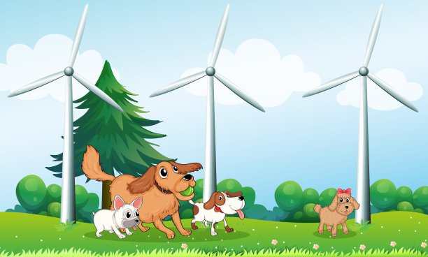 四只狗在风车前玩耍图片下载