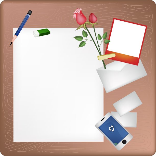 铅笔和红玫瑰在空白页和信封图片下载
