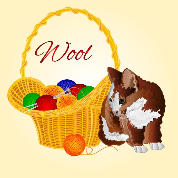 给小猫和一个装着毛线球的篮子上色图片下载