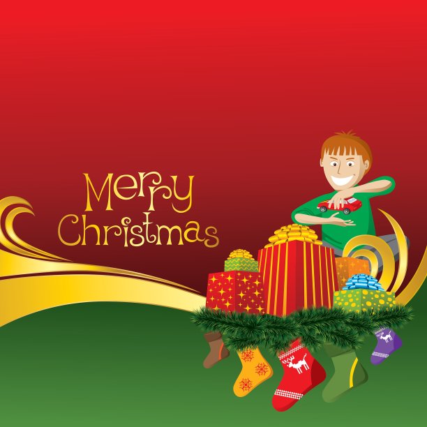 2012年圣诞贺卡，男孩礼物和袜子图片下载
