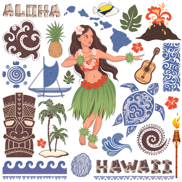 夏威夷图标和符号的复古套装图片下载