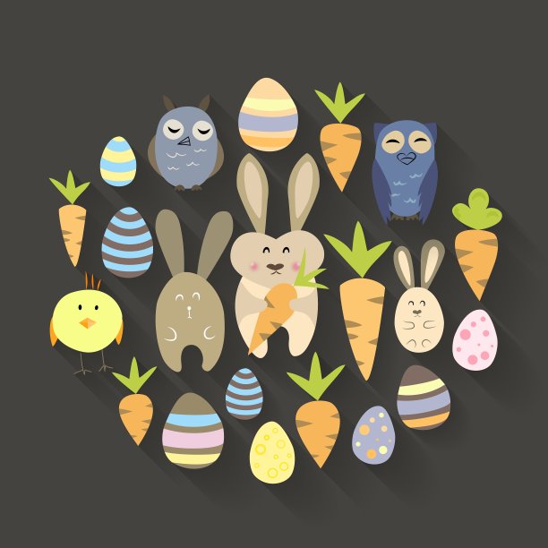 复活节蛋，鸟，兔子和胡萝卜图标集图片下载