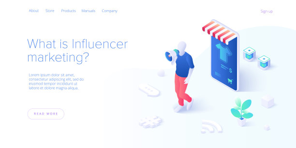 网络影响者营销概念在平面矢量插图。年轻的博主通过网络社交媒体为商品做广告。网站或博客广告对潜在买家的影响。网页横幅布局模板。图片下载