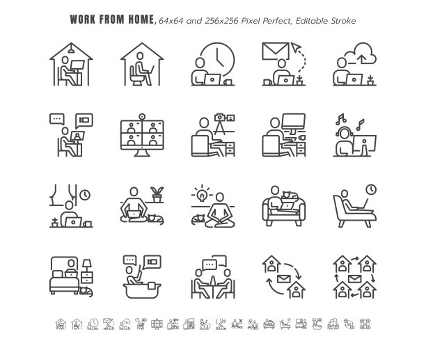 在2019冠状病毒或新冠病毒危机中在家呆着和工作的简单设置。如在客厅，卧室，浴室工作。细线轮廓图标矢量。64x64像素完美。可编辑的中风。图片下载