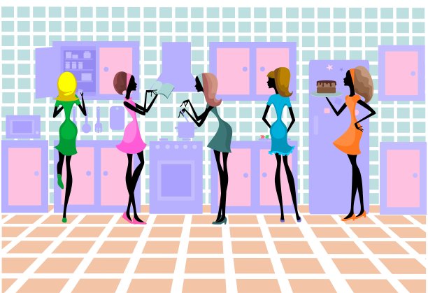 厨房里五个女孩的剪影图片下载