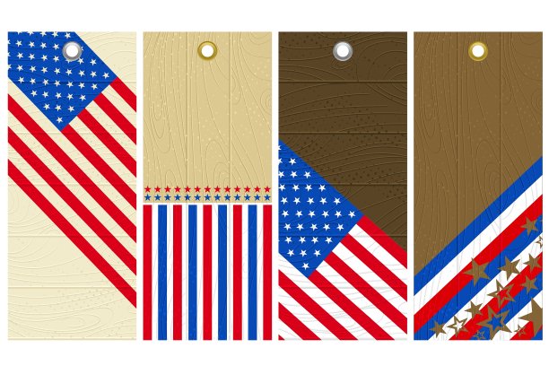 四个带有美国旗帜元素的木制标签图片下载