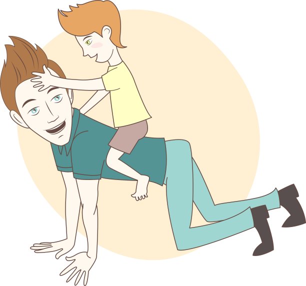 儿子骑在父亲的背上，手绘风格图片下载