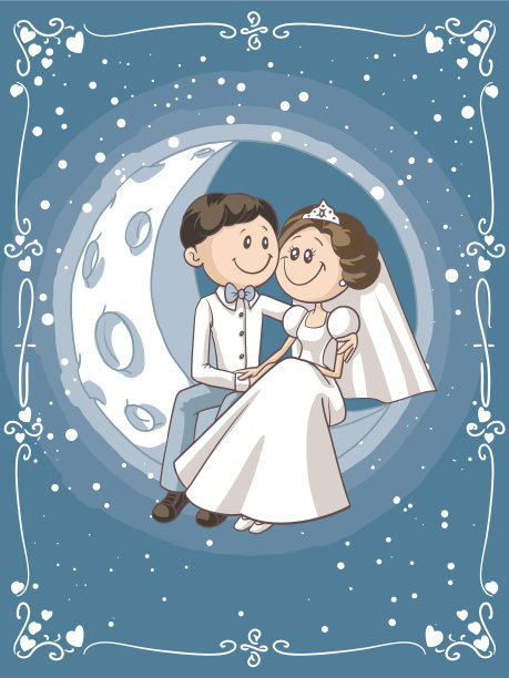 新娘和新郎坐在月亮上的卡通图片下载