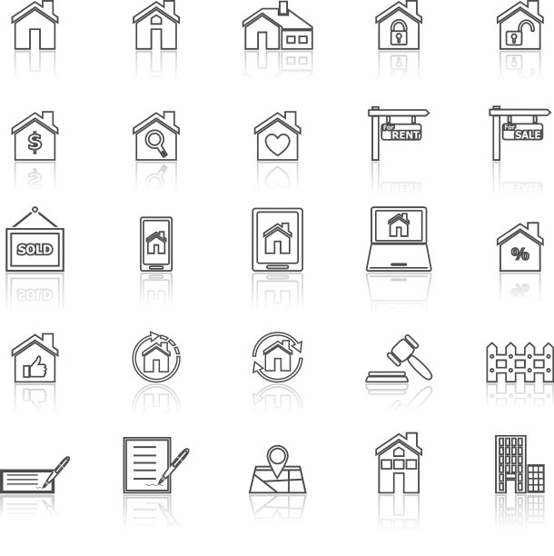 房地产线图标与反射在白色图片下载