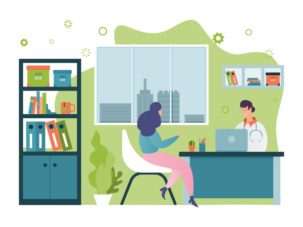 病人看病矢量插图，卡通快乐的女主人公在医院柜中拜访男医生，就医图片下载